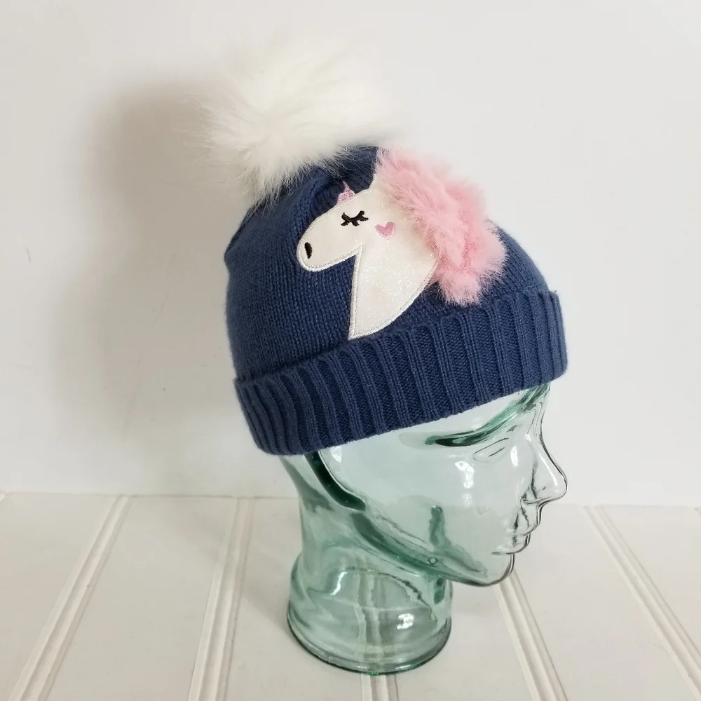 Emma & Elsa Girls Unicorn Beanie 4-6X Pom Pom Faux Fur Cozy Winter Knit Hat Blue